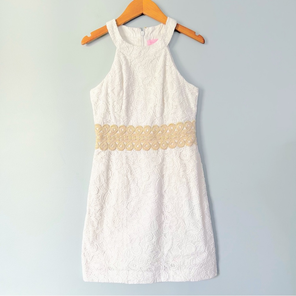 Lilly Pulitzer Ashlyn Shift Dress in White & Gold Lace Trim Size 00